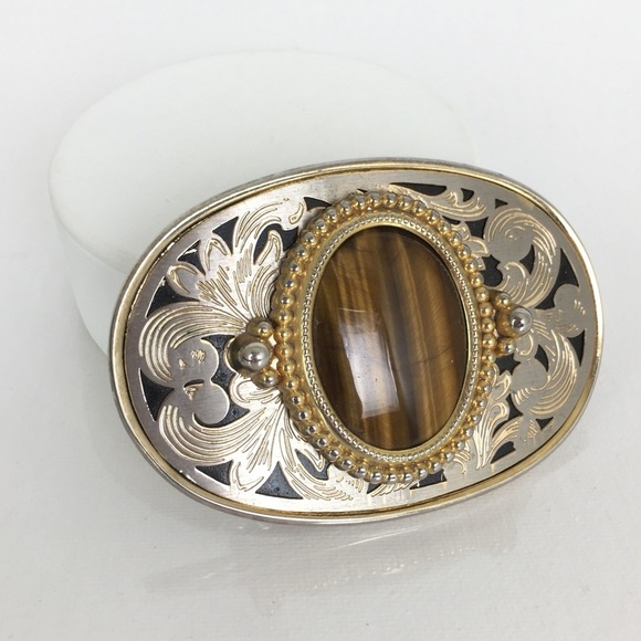 Tiger's Eye Western Style Belt Buckle Oval Gold Silver Filigree Finish Unisex - Picture 2 of 10